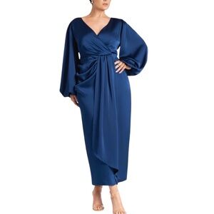 NWT Eloquii Satin Long Puff Sleeve Pleated Draped Maxi Dress 26 in Estate Blue